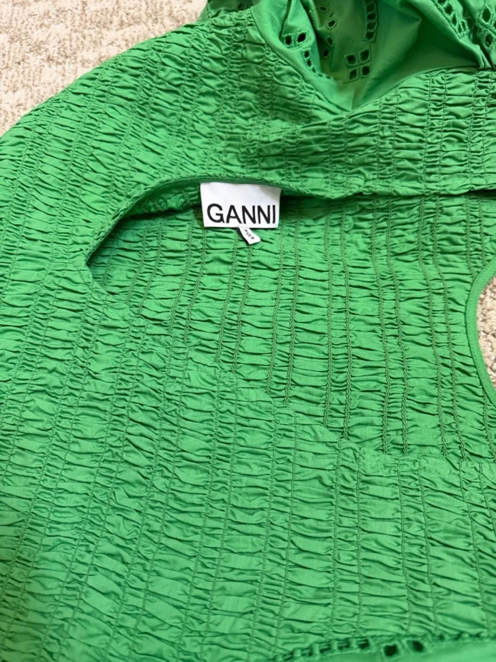 Ganni Women’s Kelly Green Broderie Anglaise Cotton Midi Dress—10/12
